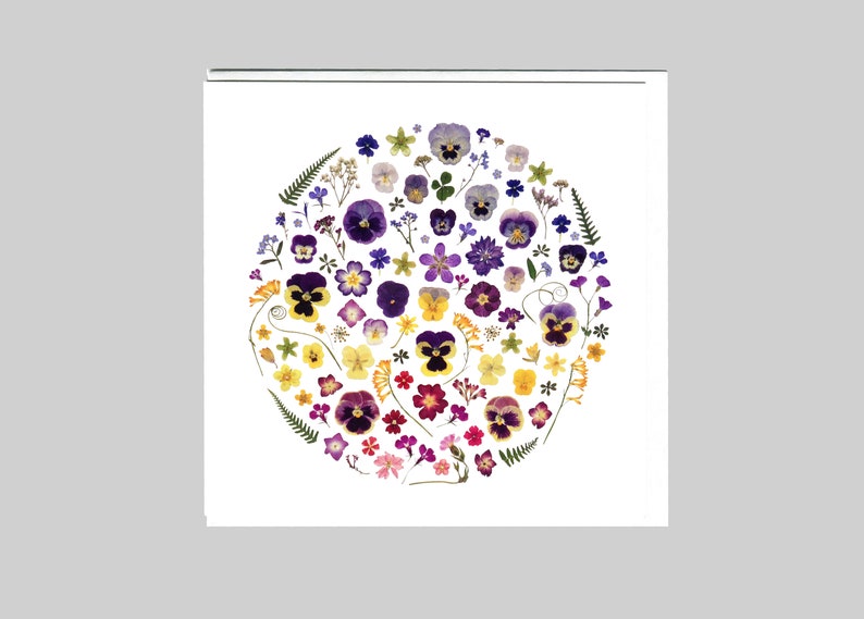 Pressed Flower PRINTED card, Flower Circle I card, Good luck card, 4 leaf clover card, pansy flower card, Floral, Botanical, Forget me not, image 3