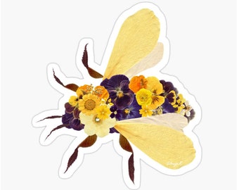 Bumble Bee Sticker, Insect sticker, Pressed flower art, Cute Bee with Flower decor, Floral kiss cut sticker, Botanical vinyl stickers, Bees,