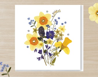 Pressed Flower PRINTED card, Spring Bouquet card, Daffodil Flower card, Forget Me Not, Bluebell card, Narcissus card, Floral Easter card