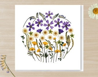 Pressed Flower PRINTED card, Flower Circle II, Daisy, Buttercup & Mallow card, wildflower card, summer meadows card, Botanical, Fathers day,