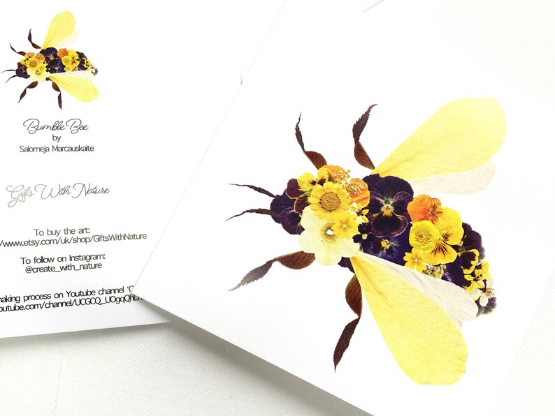 Pressed Flower PRINTED card, BUMBLE BEE card, Honeycomb, Insect card, Botanical blank card, Floral design card, Beekeeper card image 3