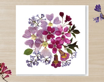 Pressed Flower PRINTED card, Lilac & Cherry blossom Card, Spring flowers, garden, dried flower card, botanical blank card, Card for mother