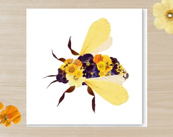 Pressed Flower PRINTED card, BUMBLE BEE card,  Honeycomb, Insect card, Botanical blank card, Floral design card, Beekeeper card