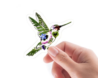 Hummingbird vinyl sticker, Glossy, Pressed Flower art, Bird kiss-cut sticker, floral laptop sticker, botanical sticker, for scrapbooking