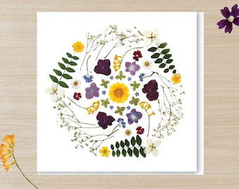 Pressed flower PRINTED card, MIDSUMMER MANDALA card, Floral greeting card, Botanical wreath card, Dried flower card, Mothers day card,