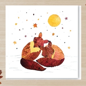 Autumn leaf PRINTED card, SLEEPING FOXES, Pressed dried leaf card, Card for friend, Forest animal, Love, Sweetheart, Valentines day card