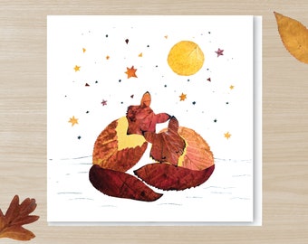 Autumn leaf PRINTED card, SLEEPING FOXES, Pressed dried leaf card, Card for friend, Forest animal, Love, Sweetheart, Valentines day card