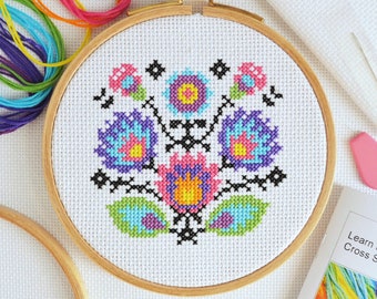 Cross Stitch For Beginners Folk Flowers - Best Quality Learn How to Cross Stitch Kit with DMC Thread, 14 count Zweigart Aida and 5-inch Hoop