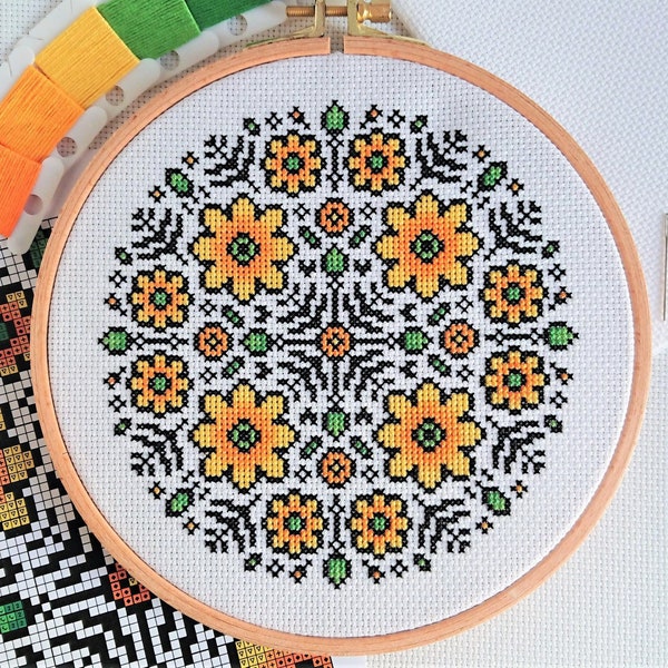 PATTERN Flower Mandala Cross Stitch Chart - Easy Bold and Bright Yellow Floral Symmetrical Motifs Mandala for 14 Count with DMC Thread Key