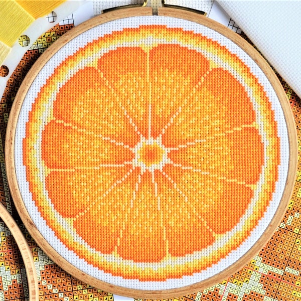 PATTERN Orange Half Cross Stitch Chart - Colourful Citrus Fruit Pattern for Cross Stitch - Modern Round Design to fit 6-inch Hoop