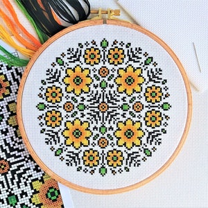 KIT Flower Mandala Cross Stitch Kit - Best Quality Modern Craft for Adults - Optional 7.5-inch Hoop - 14 count Zweigart Aida and DMC Threads