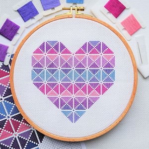 PATTERN Purple Geometic Heart Cross Stitch Chart - Instant Download for Easy Colourful Modern Heart Shape to fit 7.5-inch Hoop DMC Colours