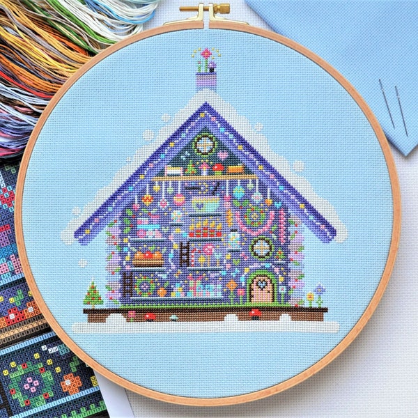 PATTERN Fairy Cottage Cross Stitch Chart - Modern Original Colourful Christmas Mindfulness Craft Idea Cut-Through Cute Motifs DMC Thread Key