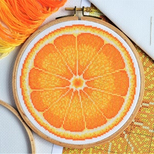 KIT Orange Half Cross Stitch Kit Best Quality Modern Craft for Adults with 6-inch Beechwood Hoop, 16 count Zweigart Aida and DMC Threads image 1