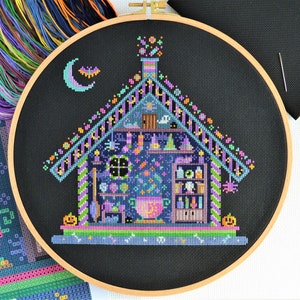 PATTERN Witches&#39; Hideout Cross Stitch Chart - Fun and Spooky Halloween Cut-Through Design - Modern Cross Stitch Instant Download DMC Colours