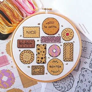 KIT Biscuits Sampler Cross Stitch Kit - Best Quality Modern Craft for Adults - Optional 8-inch Hoop - 14 count Zweigart Aida & DMC Threads