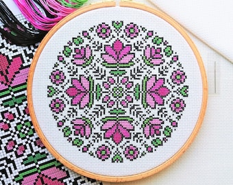 KIT Lotus Mandala Cross Stitch Kit - Best Quality Modern Craft for Adults - Optional 7.5-inch Hoop - 14 count Zweigart Aida and DMC Threads