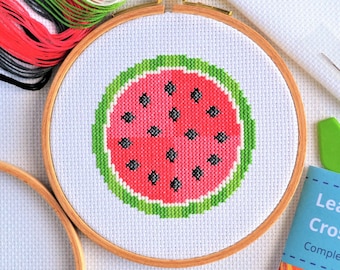 Cross Stitch For Beginners Watermelon - Best Quality Learn How to Cross Stitch Kit for Adults with DMC Thread, Zweigart Aida and 5-inch Hoop