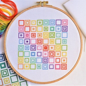 KIT Geometric Squares Cross Stitch Kit - Best Quality Easy Modern Craft with Optional 8.5-inch Hoop - DMC Thread, 14 count Zweigart Aida