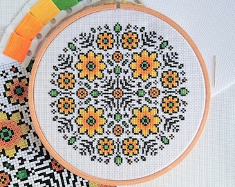 PATTERN Flower Mandala Cross Stitch Chart - Easy Bold and Bright Yellow Floral Symmetrical Motifs Mandala for 14 Count with DMC Thread Key