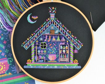 PATTERN Witches' Hideout Cross Stitch Chart - Fun and Spooky Halloween Cut-Through Design - Modern Cross Stitch Instant Download DMC Colours