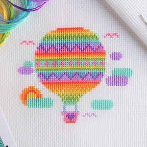 KIT Rainbow Balloon Cross Stitch Kit Best Quality Easy Modern Craft Kit for Adults Optional 6-inch Hoop Zweigart Fabric & DMC Threads Just the kit, thanks