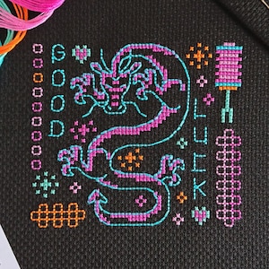 KIT Good Luck Dragon Mini Cross Stitch Kit - Best Quality Modern Craft for Adults - Optional 6-inch Hoop - Black Zweigart Aida & DMC Thread