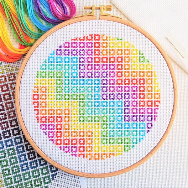 KIT Geometric Wave Cross Stitch Kit - Best Quality Modern Easy Craft for Adults - Optional 7.5-inch hoop - with Zweigart Aida and DMC Thread