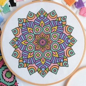PATTERN Statement Mandala Cross Stitch Chart - Bright Modern Cross Stitch - Multicoloured Mindfulness Craft Idea for 10-inch Hoop - DMC Key