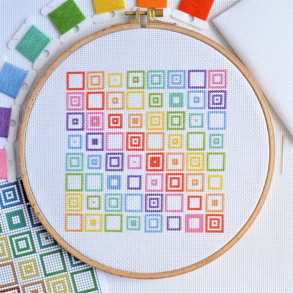 PATTERN Geometric Squares Cross Stitch Chart - Quick and Easy Rainbow Modern Repeating Design Bright DMC Colours - Satisfying Calming Craft