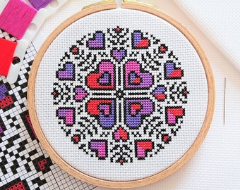 PATTERN Mini Heart Mandala Cross Stitch Chart - Easy and Satisfying Modern Craft Idea - Small Bright Love Motif for 5-inch Hoop - DMC Key