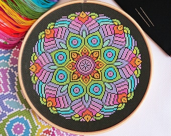 KIT Rainbow Mandala Cross Stitch Kit - Best Quality Modern Craft for Adults - Optional 8-inch Hoop - 16 count Zweigart Aida and DMC Threads