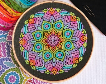 PATTERN Rainbow Mandala Cross Stitch Chart - Modern Repeating Design for 16 Count - Vibrant Rainbow Bright DMC Colours - fits 8-inch Hoop