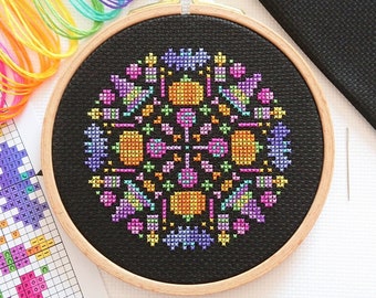 PATTERN Mini Halloween Mandala Cross Stitch Chart - Small Colourful Easy Project for 5-inch Hoop - Bright Modern DMC Key