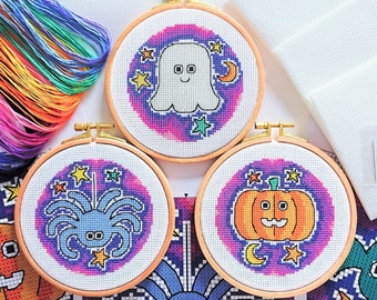 KIT Halloween Trio 2 Cross Stitch Kit - Set of 3 - Best Quality Modern Craft for Adults - 5-inch Beechwood Hoops, Zweigart Aida, DMC Threads