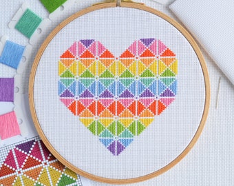 PATTERN Geometric Heart Cross Stitch Chart - Quick and Easy Bright Modern Pattern for 14 Count using Bright Rainbow Colours for DMC Thread