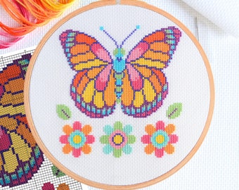 KIT Butterfly Cross Stitch Kit - Best Quality Easy Modern Craft for Adults - Optional 8.5-inch Hoop - 14 count Zweigart Aida and DMC Threads