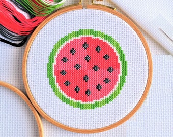 KIT Mini Watermelon Cross Stitch Kit - Optional 5-inch Hoop - Small Cute Easy Craft Project - Bright Design 14 Count Aida with DMC Threads