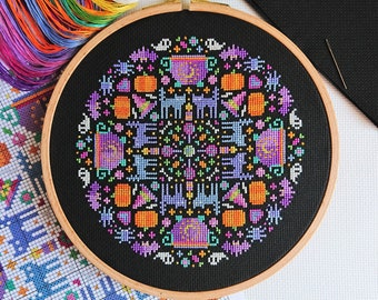 KIT Halloween Mandala Cross Stitch Kit - Best quality Modern Craft for Adults - Optional 7.5-inch Hoop - with Zweigart Aida and DMC Threads