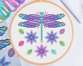 KIT Dragonfly Cross Stitch Kit - Best Quality Easy Modern Craft for Adults - Optional 8.5-inch Hoop - 14 count Zweigart Aida and DMC Threads