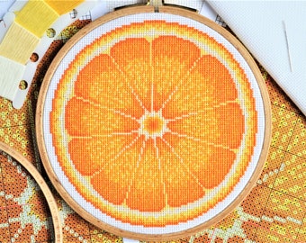 PATTERN Orange Half Cross Stitch Chart - Colourful Citrus Fruit Pattern for Cross Stitch - Modern Round Design to fit 6-inch Hoop