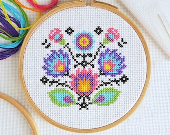 KIT Mini Folk Flowers Cross Stitch Kit - Best Quality Easy Craft for Adults - Optional 5-inch Hoop - 14 count Zweigart Aida and DMC Threads