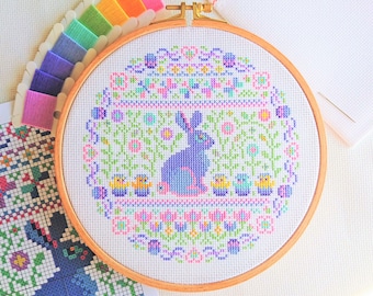 PATTERN Easter Sampler Cross Stitch Chart - Pretty Folk Inspired Modern Sampler Style with Bunny, Eggs, Chics, Spring Flowers - DMC Key