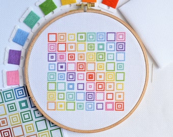 PATTERN Geometric Squares Cross Stitch Chart - Quick and Easy Rainbow Modern Repeating Design Bright DMC Colours - Satisfying Calming Craft