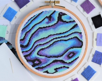 PATTERN Paua Shell Cross Stitch Chart - Colourful Natural Modern Round Abalone Shell Pattern for 16 count - DMC Thread List