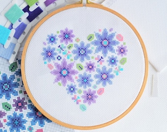 PATTERN Mini Floral Heart Sampler Cross Stitch Chart - PDF Pattern of Pretty Flowers Heart Shaped Modern Small Easy Design for 7 inch Hoop