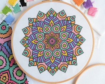 PATTERN Statement Mandala Cross Stitch Chart - Bright Modern Cross Stitch - Multicoloured Mindfulness Craft Idea for 10-inch Hoop - DMC Key