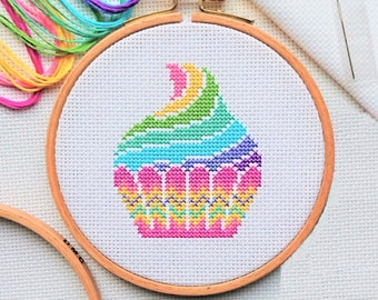 PATTERN - Quick Stitch Cupcake Cross Stitch Chart - Modern Small Sized Easy Pattern for 5-inch Hoop - Bright Colours Cute Baking Design