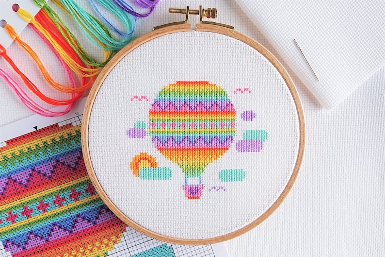 KIT Rainbow Balloon Cross Stitch Kit Best Quality Easy Modern Craft Kit for Adults Optional 6-inch Hoop Zweigart Fabric & DMC Threads Add a hoop, please