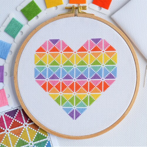 PATTERN Geometric Heart Cross Stitch Chart - Quick and Easy Bright Modern Pattern for 14 Count using Bright Rainbow Colours for DMC Thread